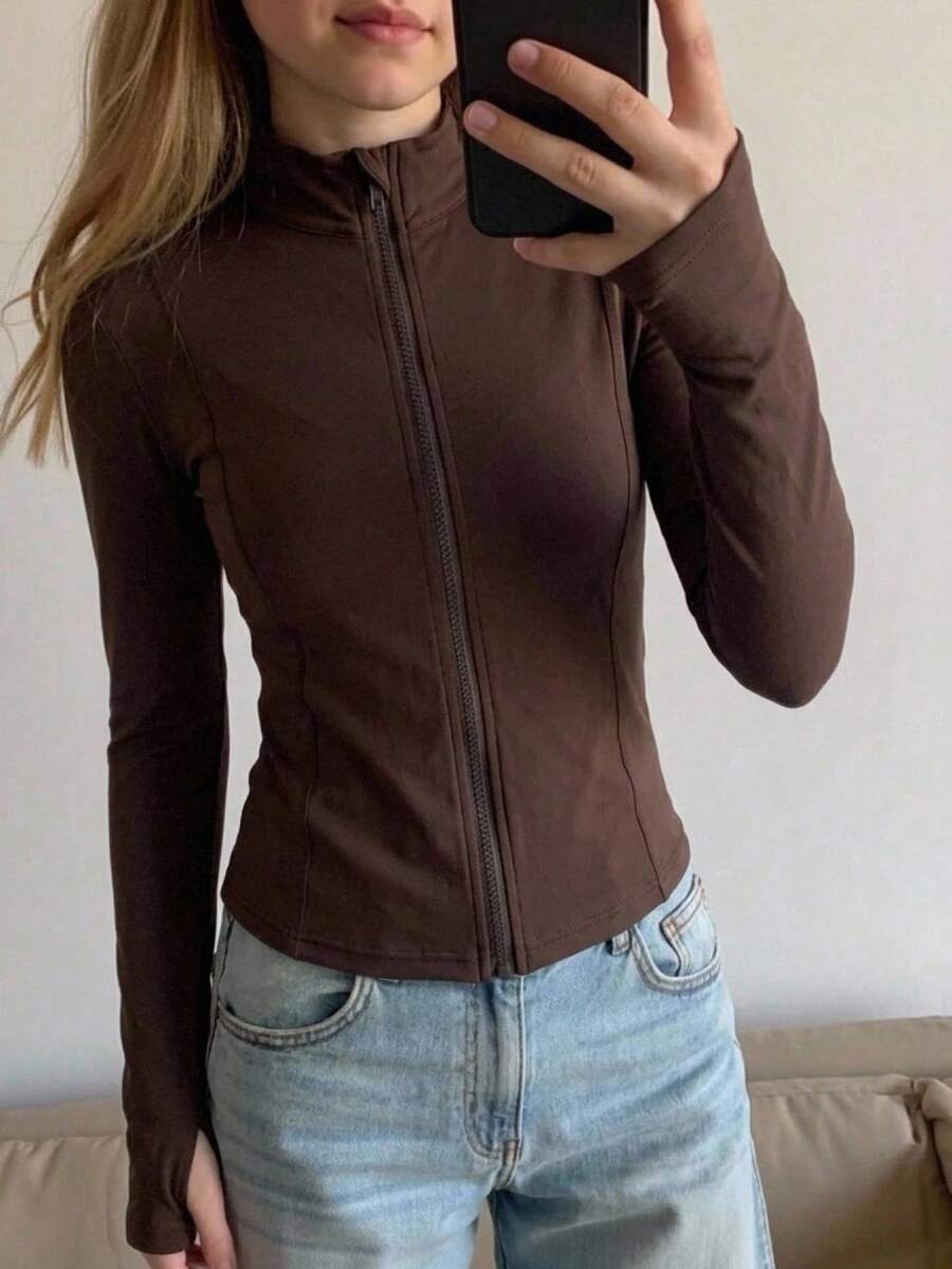 SHEIN Tween Girl Tween Girl Jackets, Spring Summer Autumn Winter All-Season Sports Sun Protection Zip-Up Cardigan, Slim Fit Running Gym Yoga Workout Jacket - Brown - View 1