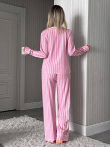 SHEIN Pink Striped Button Front Detailed Long Sleeve Casual Pajama Set - Pink - View 2