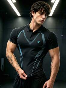 GymBeat Men's Striped Print Button Half-Placket Short Sleeve Sports Polo Shirt, Gym - Black - View 1