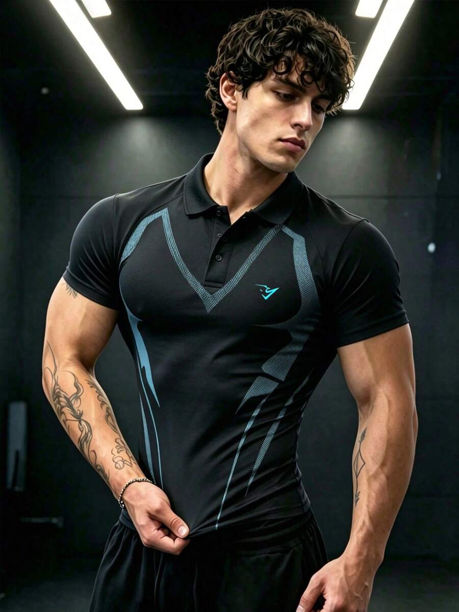 GymBeat Men's Striped Print Button Half-Placket Short Sleeve Sports Polo Shirt, Gym - Black - View 1