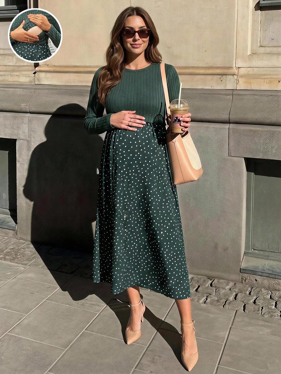 SHEIN 孕婦綠色長袖圓領休閒百搭洋裝 - 綠色 - 查看 1