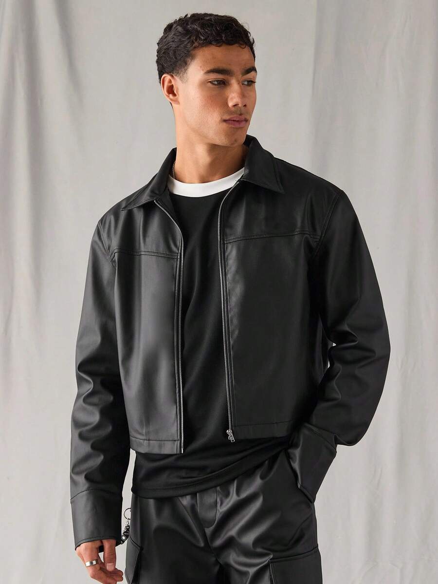 SWAVVY Men's Fashion Streetwear Zipper PU Material Pocket Jacket - Black - View 1