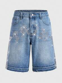 ROMWE MEN Street Life Men's Rhinestone Letter Pocket Casual Denim Shorts - Blue - View 5