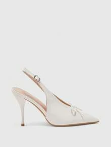CUCCOO BIZCHIC Women's White Patent Leather Slingback Heels, Pointed Toe With Bow & Adjustable Buckle Stiletto Pumps Fall Shoes - Beige - View 3