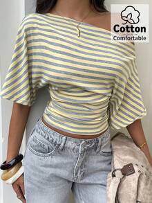 Aloruh Women's Striped Asymmetrical Shoulder Loose Top With Ruched Waist, Simple Basic T-Shirt - Pale Yellow - View 4