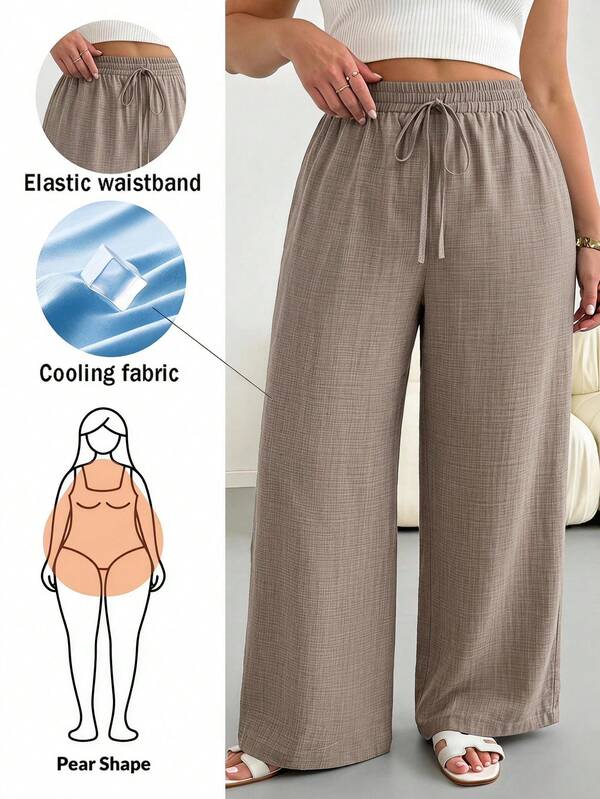 SHEIN Essnce Plus Size Women's Sommar Curve Khaki Wide Leg Pants - Elastic Waist Loose Casual Pants, Versatile For Casual And Formal Styles, Cool And Comfortable, Suitable For Vacation Wear