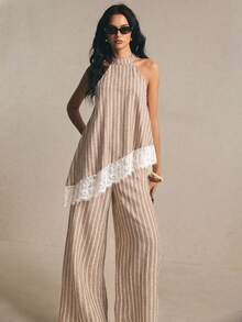 Poéselle Women's Beige Stripe Contrast Lace Asymmetric Hem Halter Top And Wide Leg Pants 2 Pieces Set Summer Elegant Tropical Beach Brunch Vacation - Black - View 8
