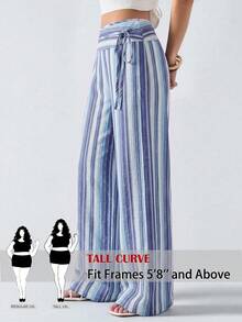 SHEIN Tall CURVE 大尺碼條紋休閒度假長褲 秋季 - 彩色 - 查看 1
