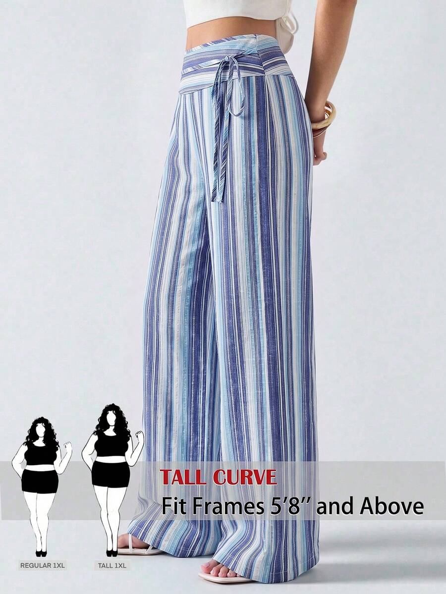 SHEIN Tall CURVE 大尺碼條紋休閒度假長褲 秋季 - 彩色 - 查看 1