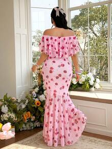 Rometta Plus Size Off-Shoulder Ruffle Elegant Commuter Lace Bodycon Maxi Dress - Pink - View 14