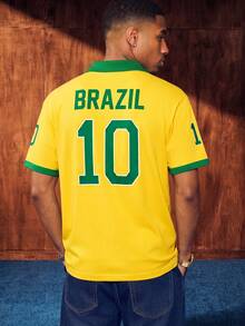 Aesthetic Post 復西隊經典黃綠條紋 Polo 衫，美國 BRASIL 10 號印花球衣，男女款圖案 T 恤，男士夏季時尚休閒運動衫，足球，足球用品 - 彩色 - 查看 2