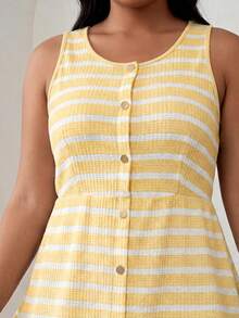 ELLERISSA Plus Size Yellow & White Stripe Round Neck Sleeveless Front Button Waffle Knit Mini Dress - Multicolor - View 6