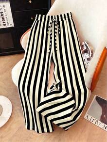 SHEIN Drawstring Tie Waist Straight Leg Pants Pattern Pants Cute Pants Polka Dot Pants Casual Pants For Women Pants Casual Beach Pants For Women Print Pants Printed Pants For Women Women Summer Pants Women Summer Pants Poka Dots Pants Polka Dot Pants For Women Wide Leg Pants Woman High Waist - Black - View 3