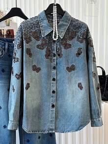 Resyla Kemeja Denim Bordir Kupu-kupu Imitasi Elegan untuk Wanita Musim Semi/Gugur, Serbaguna, Melangsingkan, dan Berkerah Longgar - Biru - View 3