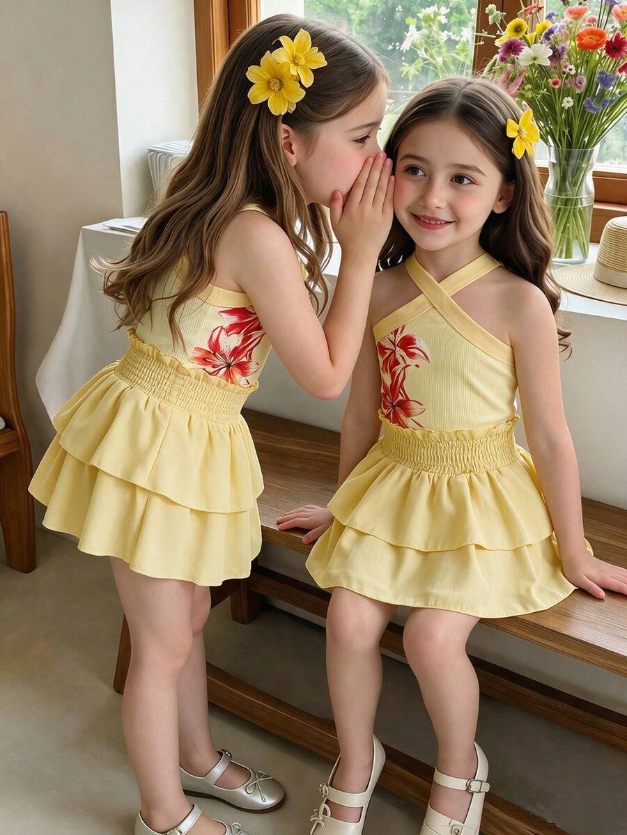 SHEIN Elladie kids 女童度假休閒掛脖無袖修身花卉印花背心上衣,彈性腰純色荷葉邊分層裙,2件套,田園鄉村風,海灘度假風,日常休閒出遊,夏季,夏日洋裝,夏日穿搭 - 杏色 - 查看 1