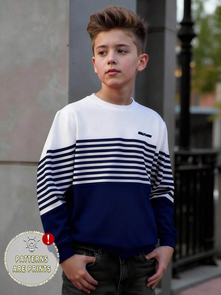 Tween Boy Casual Stylish Minimalist Striped Pattern Print Pullover Sweatshirt, Comfortable & Warm For Autumn/Winter - Multicolor - View 1