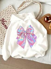SHEIN Autumn/Winter Girls Toddler Fresh Colorful Pink Bow Design Pattern Print Basic Hooded Sweatshirt Tops - White - View 3