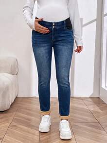 SHEIN 孕婦保暖內襯修身休閒百搭牛仔褲女式牛仔裝 - 藍色 - 查看 4