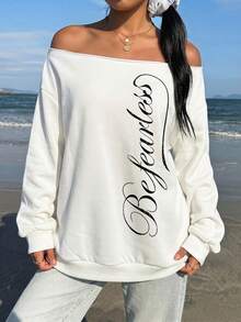 SHEIN EZwear 女款露肩寬鬆休閒長袖衛衣，街頭風英文圖案印花 - 白色 - 查看 3