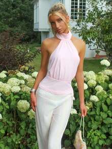 Sydney Algeri Atasan Rajut Model Halter Neck Warna Pink Muda untuk Wanita, Cocok untuk Musim Panas Kasual - Baby Pink - View 1
