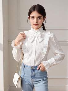 SHEIN 青少年女孩休閒日常百搭舒適蝴蝶結裝飾長袖上衣 - 白色 - 查看 2