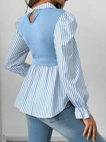 SHEIN 孕婦哺乳功能鈕扣條紋拼接時尚上衣 秋季 - 藍色 - 查看 2