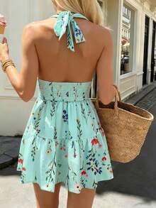 SHEIN PariChic Women's New Dress, Spring/Summer New Style, French Casual Deep V-Neck Front Tie Dress, French Vacation Waist-Cinching Mini Dress, Sexy Dress, Printed Dress, Casual Vintage Dress, Island Vacation Dress, Elegant Lazy Style Dress, Daily Wear, Beach Walk, Airport Outfit, Party - Mint Green - View 2