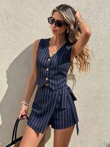Serisse Women's Vacation Casual Striped Tank Top And Shorts 2 Pieces Set - Navy Blue - View 4
