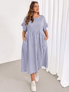 SHEIN Essnce Vestido de Talla Grande Minimalista Casual a Rayas con Bolsillo y Puño con Volantes - Multicolor - Ver 5