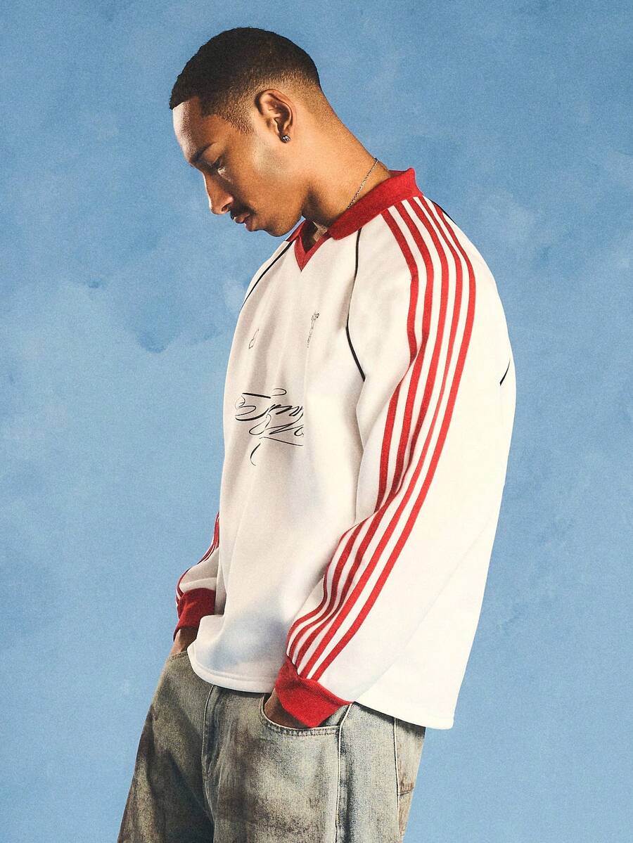 SUMWON Men's Oversized Long Sleeve Rugby Jersey Top With Stripe Sleeves Script Print Collared Pullover - Multicolor - View 1