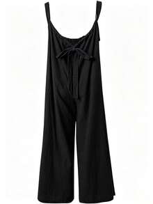 SHEIN Mono de pernera ancha con pliegues y nudo delantero, talla grande, para verano - Negro - Ver 3
