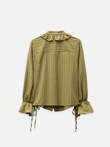 Nöista Green And Olive Striped Blouse With Ruffled Collar. Fall, Office Wear And Everyday Style. - Green - View 9