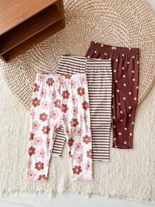 SHEIN Playful Pals 3件組幼童女童內搭褲褲子 可愛棕色粉色白色花朵條紋荷葉邊 常規款 生日派對 秋季 公主風 甜美舒適 芭蕾復古風 - 彩色 - 查看 2