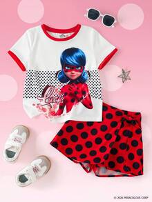 Miraculous Ladybug X SHEIN 2pcs/Set Casual Style Girls Tee Outfit, Round Neck Short Sleeve Top Paired With 2 In 1 Skirt, Miracle Girl Collaboration Girls Tee Set - Multicolor - View 1
