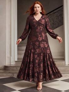 MOTF PREMIUM WOMEN'S PLUS SIZE JACQUARD FLARE HEM BOHEMIAN STYLE DRESS FALL - Coffee Brown - View 1