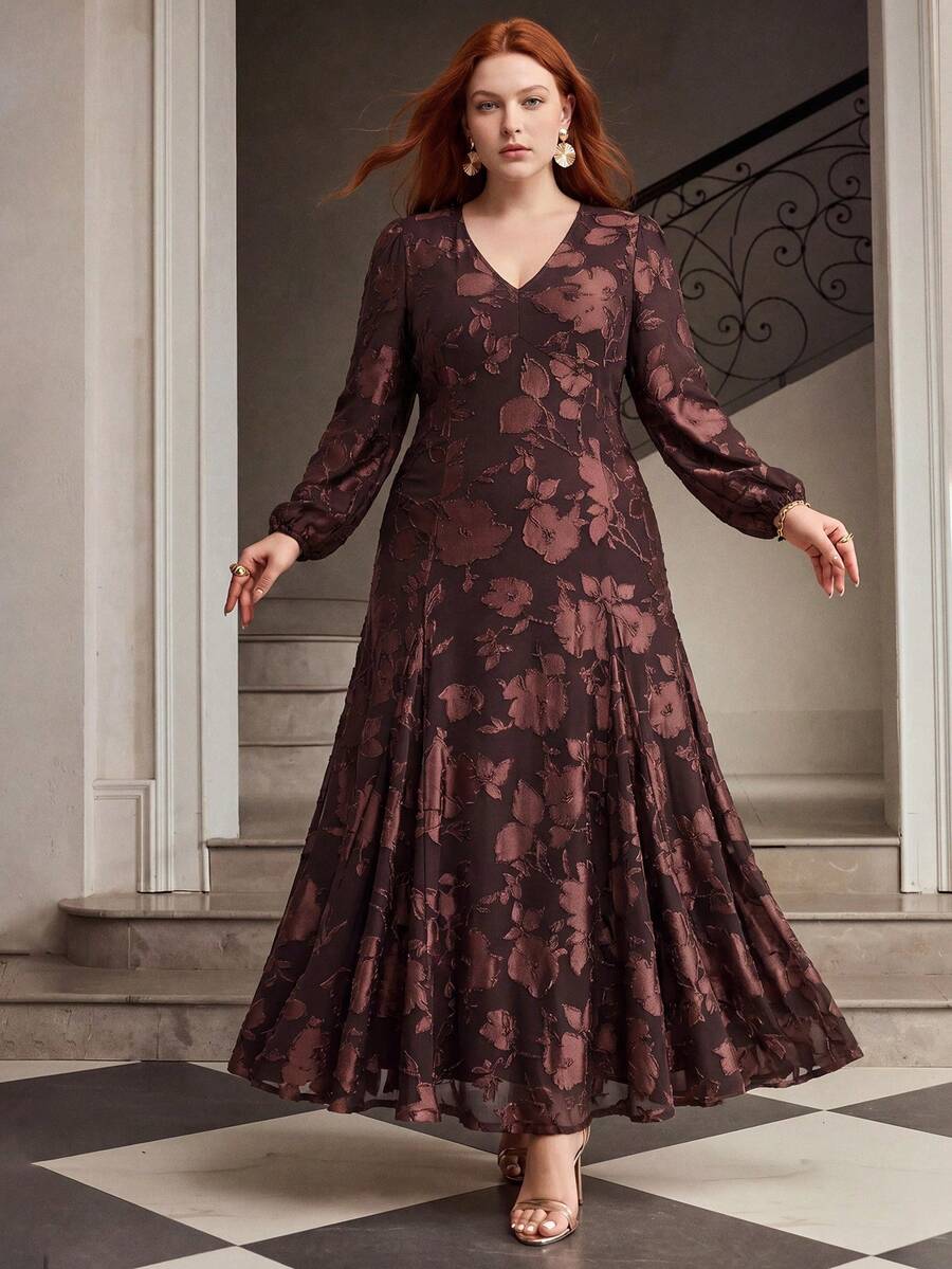MOTF PREMIUM WOMEN'S PLUS SIZE JACQUARD FLARE HEM BOHEMIAN STYLE DRESS FALL - Coffee Brown - View 1