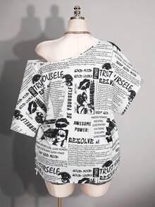 SHEIN ICON 大尺碼嘻哈時尚不對稱肩字母印花T恤 - 白色 - 查看 2