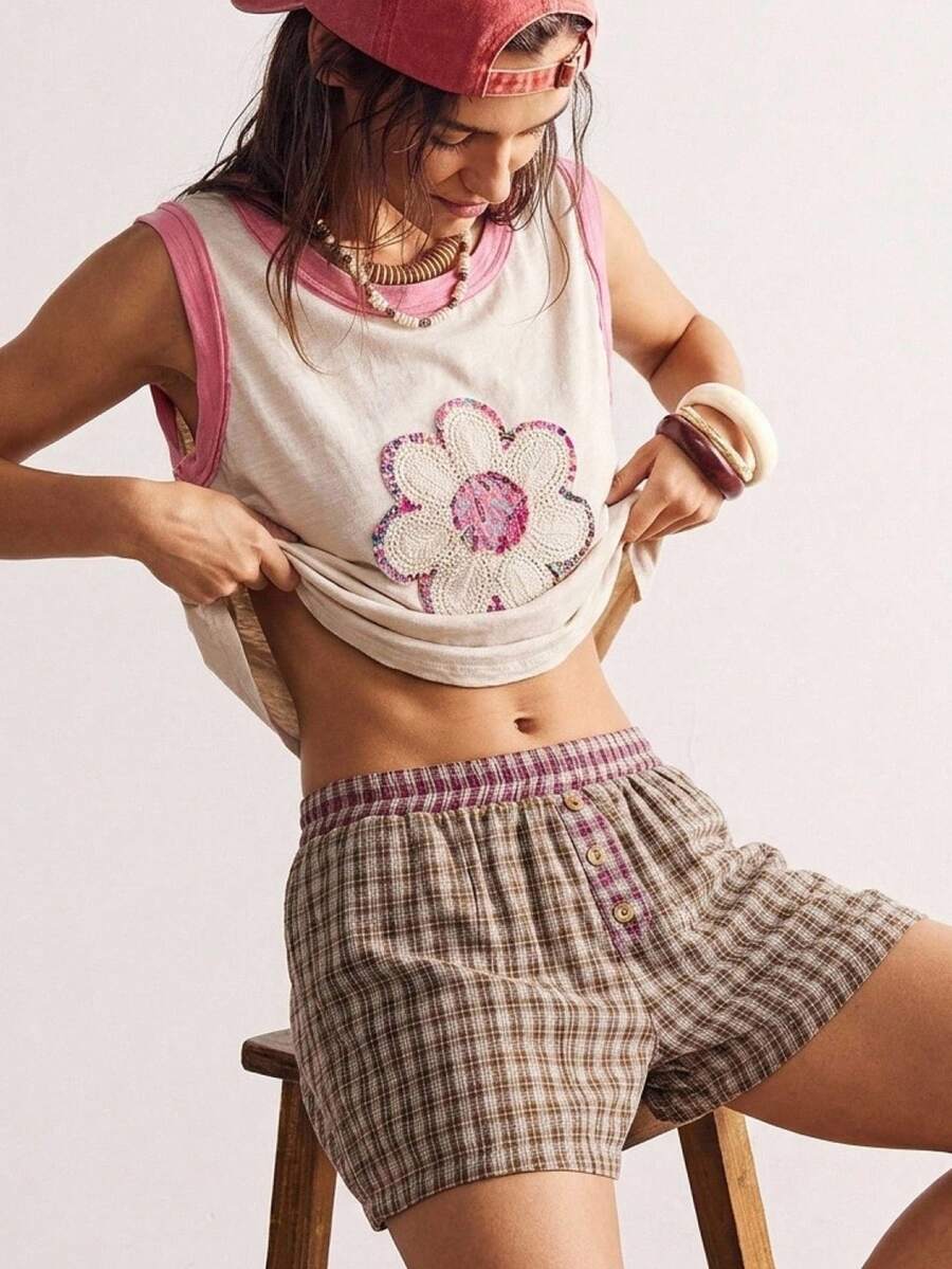 Bohemela 2 peças/Conjunto Regata de Malha Lavada Casual e Shorts Soltos Femininos - Branco - Visão 1