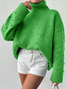 EURMUSE Women's Stand Collar Drop Shoulder Long Sleeve Sweater - Green - View 7