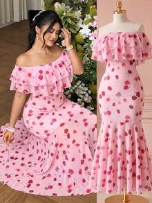 Rometta Plus Size Off-Shoulder Ruffle Elegant Commuter Lace Bodycon Maxi Dress - Pink - View 10