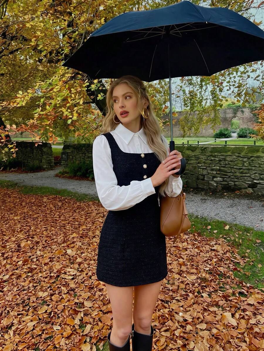 SHEIN MOD Tween 女孩优雅黑白拼色翻领灯笼袖二合一连衣裙,秋装,返校,秋季连衣裙,外出装,白色长袖连衣裙 - 黑與白 - 查看 1