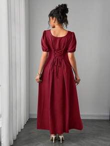 Momance Comfortable Asymmetrical Shoulder Ruched Waist A-Line Elegant Romantic Maternity Dress - 酒紅色 - 查看 2