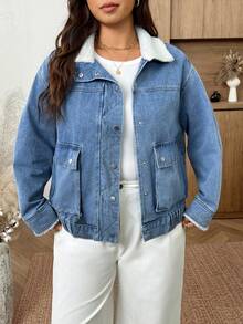 Elaquor Plus Size Women's Zipper Front Long Sleeve Turn-Down Collar Denim Jacket Warm Fur Patchwork Autumn Casual Baggy Going Out Tops Formal Blue And White - Blue - View 5