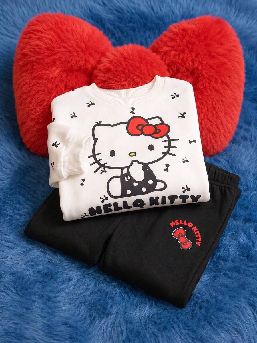 HELLO KITTY AND FRIENDS | SHEIN 女童圓領蝴蝶結印花長袖運動衫與長褲套裝,適合外出、購物與日常穿著 - 彩色 - 查看 1