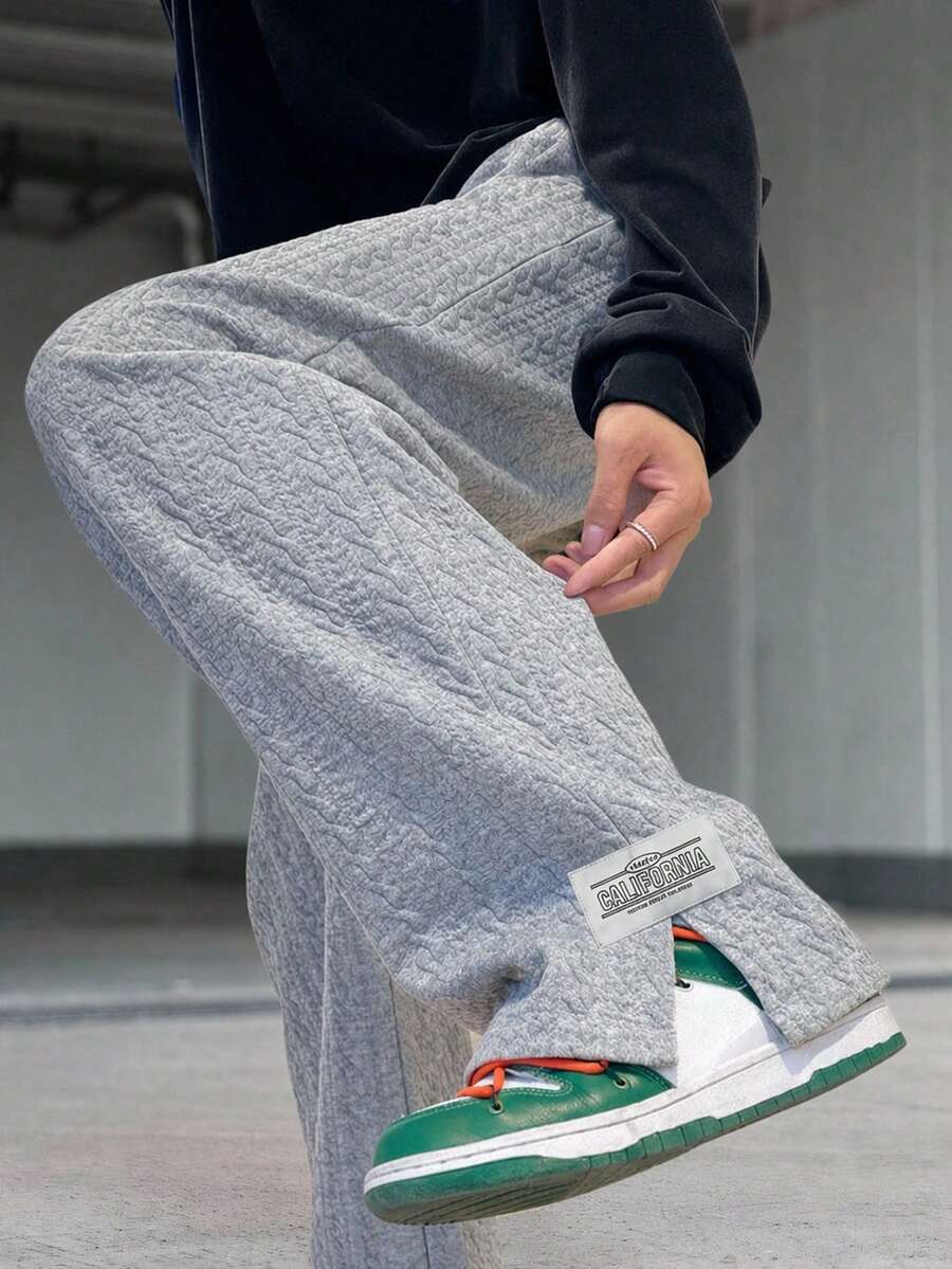 SHEIN 青少年男孩休閒灰色寬鬆版型字母貼布裝飾斜口袋運動長褲 - 灰色 - 查看 1