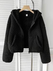 SHEIN 青少年女孩秋冬新款黑色雙面抓絨短款寬鬆休閒連帽外套 - 黑色 - 查看 5