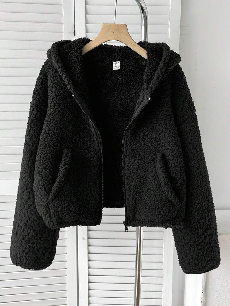 SHEIN Teen Girl Teen Girls Jackets Autumn/Winter New Black Double-Sided Fleece Short Loose Casual Hooded Jacket - Black - View 5