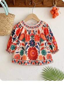 Babygirl Casual Cute Floral Pattern Ruffle Hem Long Sleeve Dress - Apricot - View 11
