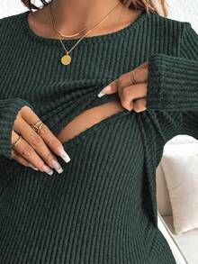 SHEIN Maternity Solid Color Round Neck Ribbed Nursing Long Sleeve T-Shirt - Army Green - View 6