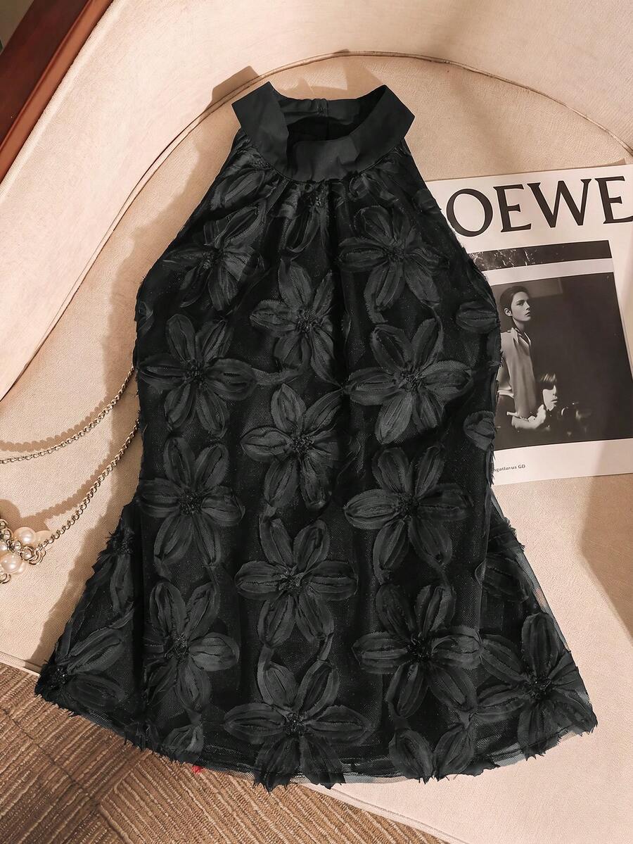 SHEIN Clasi 女款春夏法式浪漫性感西西里風優雅休閒度假下午茶派對夜生活約會網紗鏤空背心 - 黑色 - 查看 1